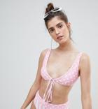 South Beach Stripe And Polka Dot Tie Front Bikini Top - Pink