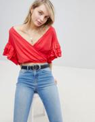 Asos Design Wrap Top With Ruffle Sleeve - Red