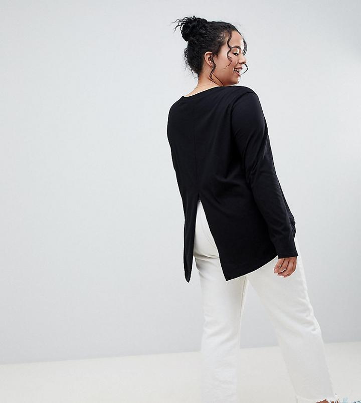 Asos Design Curve Long Sleeve T-shirt With Dip Hem And Split Back In Black - Black