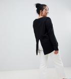 Asos Design Curve Long Sleeve T-shirt With Dip Hem And Split Back In Black - Black