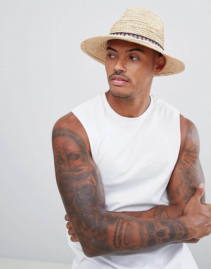 Asos Design Straw Pork Pie Hat In Natural With Geo-tribal Fringed Band - Beige