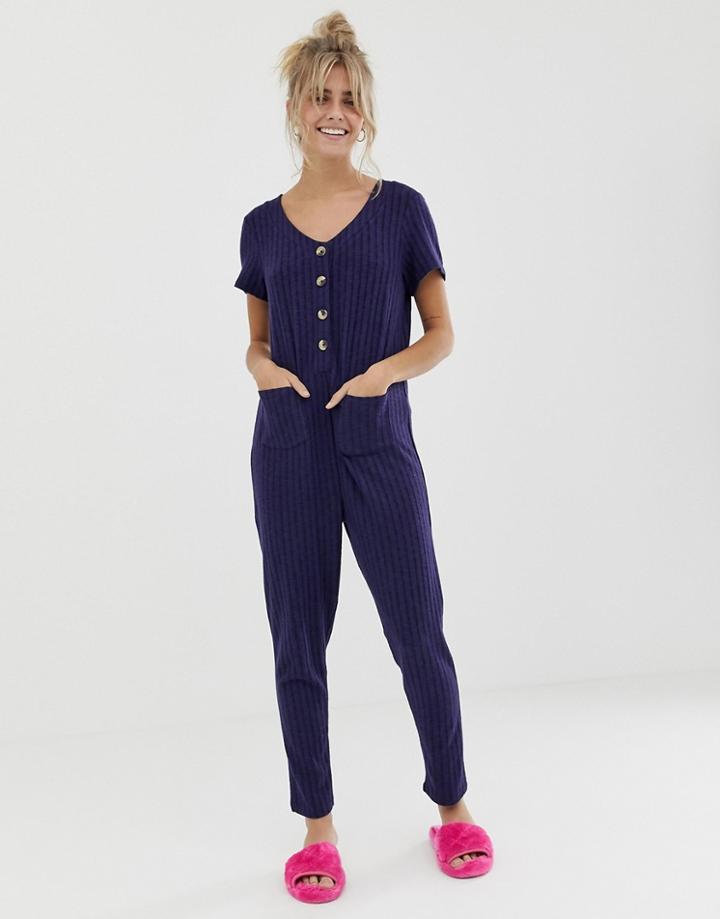 Asos Design Lounge Super Soft Rib Button Jumpsuit - Navy