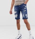 Asos Design Tall Skinny Denim Shorts In Dark Wash With Heavy Rips - Blue