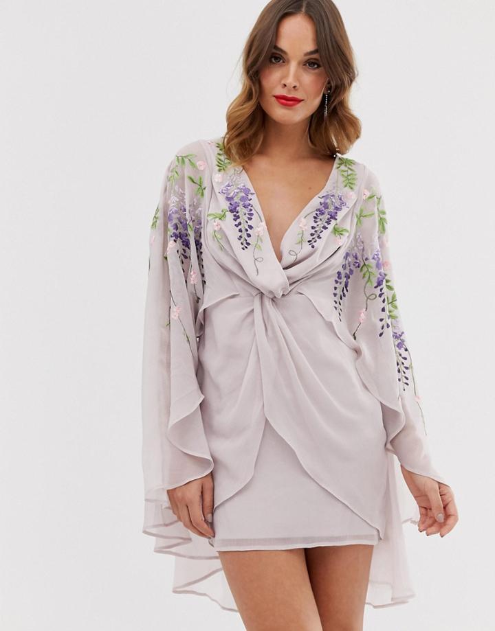 Asos Design Mini Cape Dress With Trailing Embroidery-purple