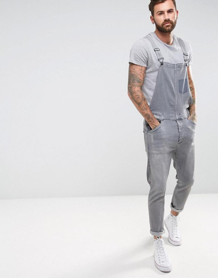 Asos Overall In Gray Wash With Distressing - Gray