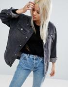 Asos Design Denim Girlfriend Jacket In Washed Black - Black