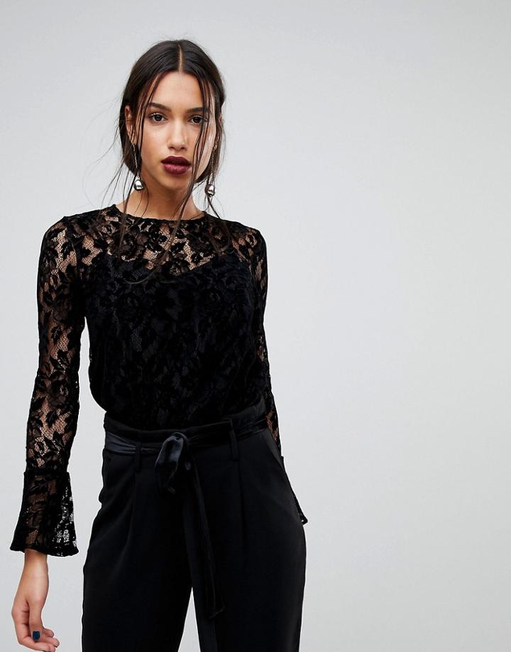 Warehouse Velvet Lace Blouse - Black