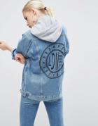 Asos Denim Girlfriend Jacket In Mid Stonewash Blue With Back Print And