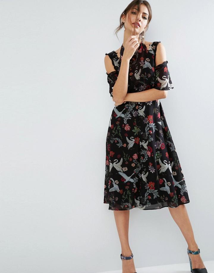 Asos Midi Dress With Cold Shoulder And Lace Detail In Black Swan Print