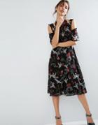Asos Midi Dress With Cold Shoulder And Lace Detail In Black Swan Print