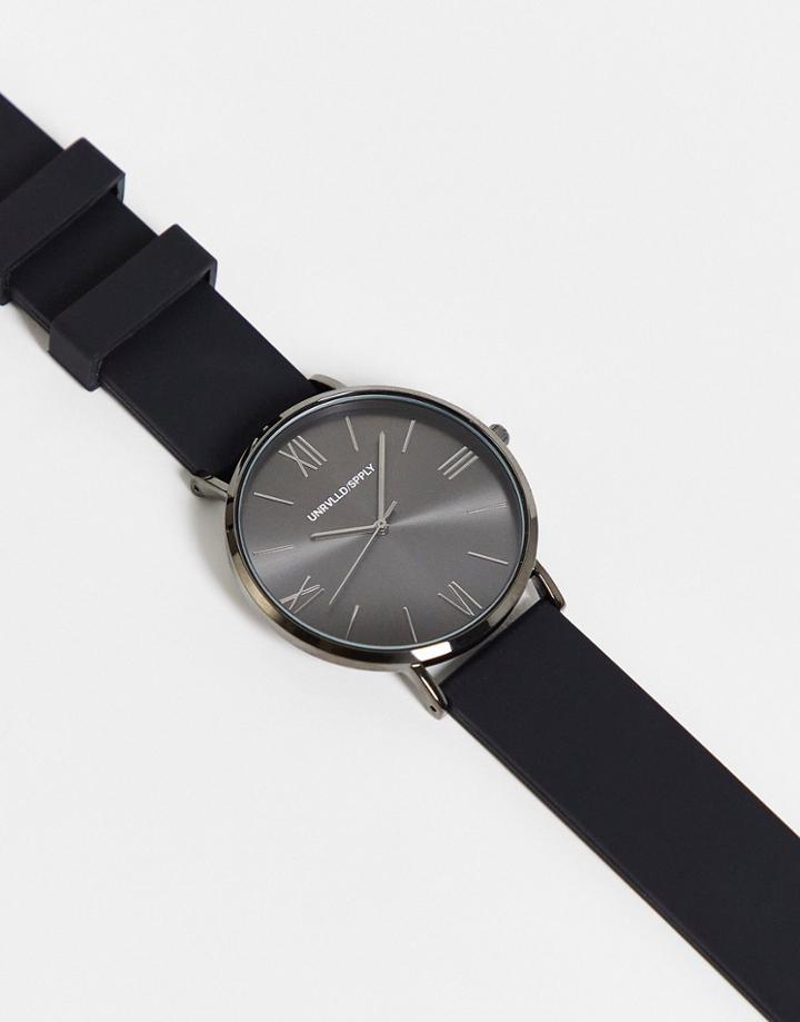 Asos Design Classic Watch With Gunmetal Face And Silicone Strap In Black