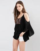 Anmol Slit Sleeve Beach Top With Embellished Panel - Black