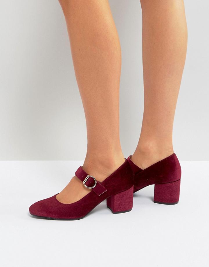 London Rebel Kitten Heel Velvet Buckle Mary-jane Shoe - Red