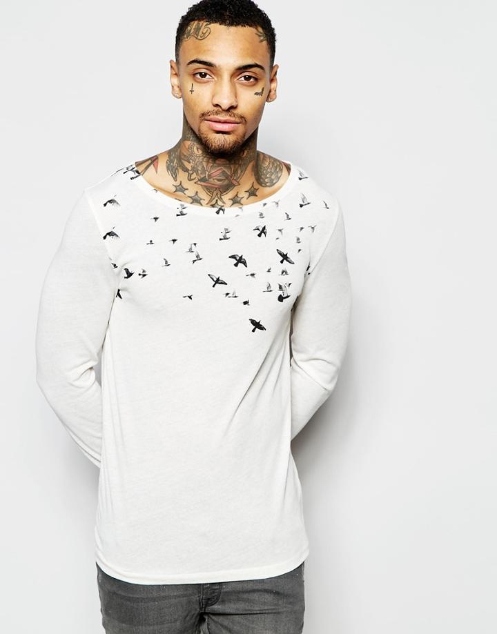 Asos Linen Mix Muscle Long Sleeve T-shirt With Bird Print - Cream