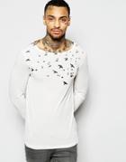 Asos Linen Mix Muscle Long Sleeve T-shirt With Bird Print - Cream
