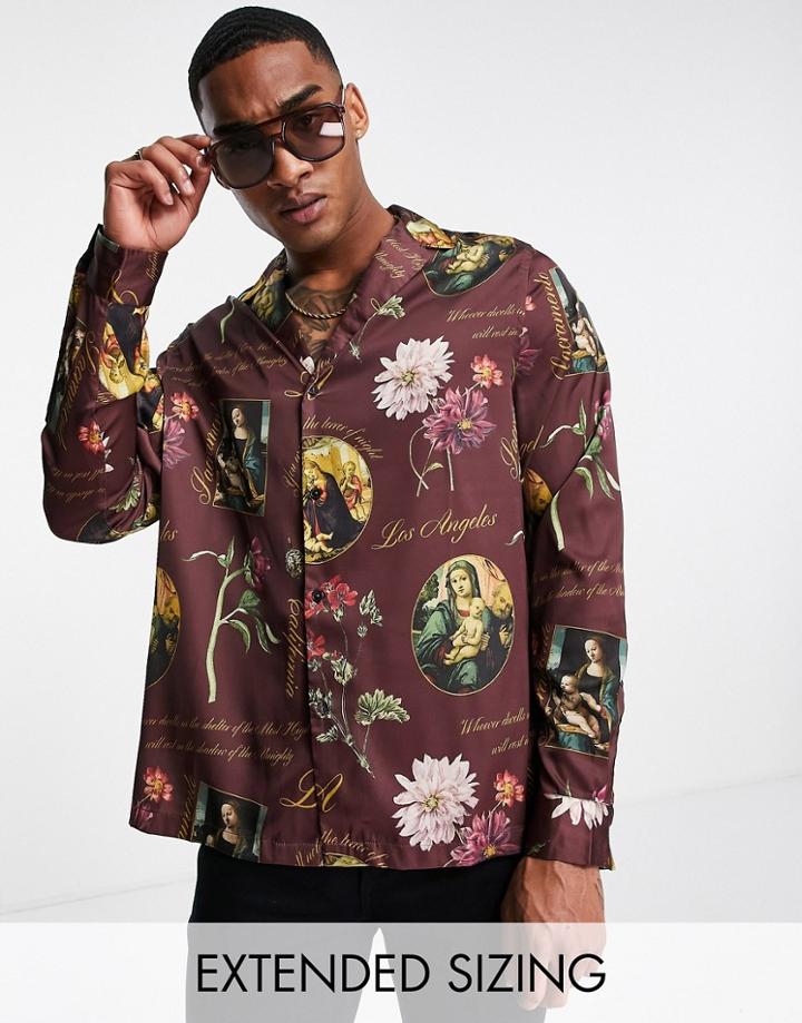 Asos Design Relaxed Deep Revere Satin Shirt In Floral Print-red