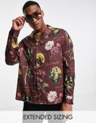 Asos Design Relaxed Deep Revere Satin Shirt In Floral Print-red