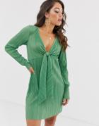 Asos Design Mini Knot Plisse Dress - Green