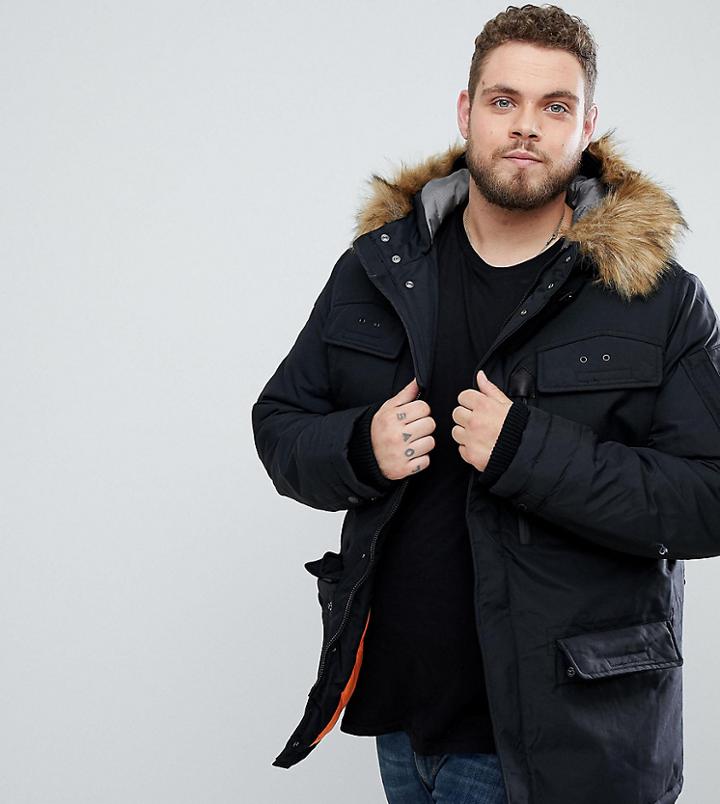 Schott Plus Thunder Insulated Parka Hooded Detachable Faux Fur Trim In Black - Black