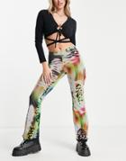 Weekday Cecile Recycled Polyester Mesh Printed Flare Pants In Green-multi