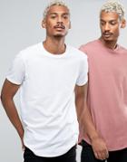 Asos 2 Pack Longline T-shirt With Curved Hem In White/pink Save - Multi