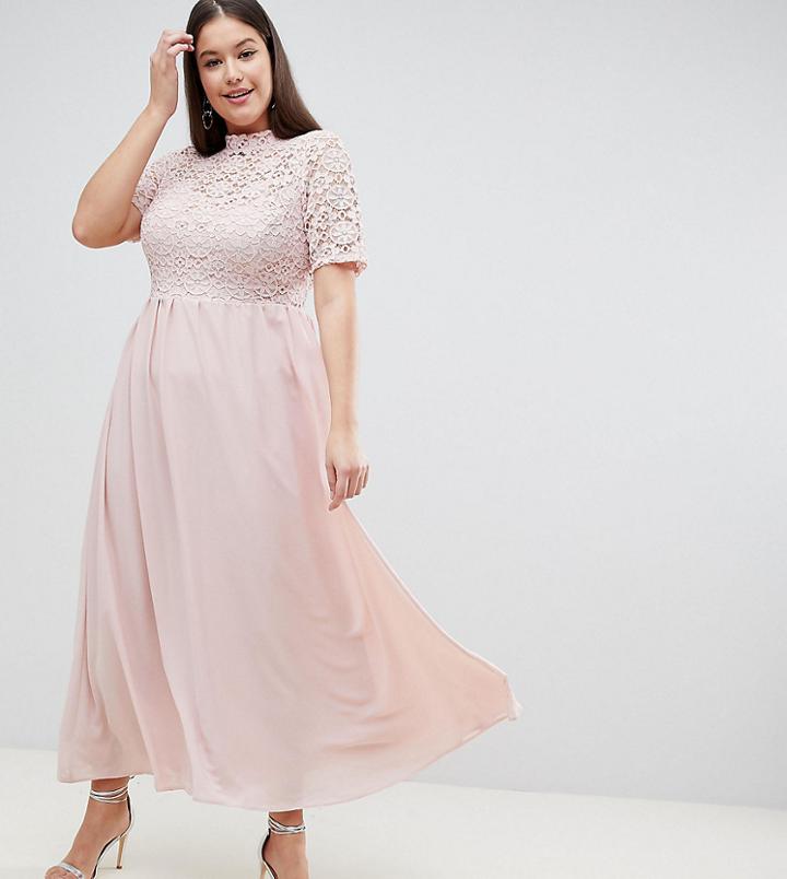John Zack Plus High Neck Cutwork Lace Top Maxi Dress - Pink