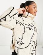 Monki Recycled Zip Front Face Print Fleece In Beige-neutral