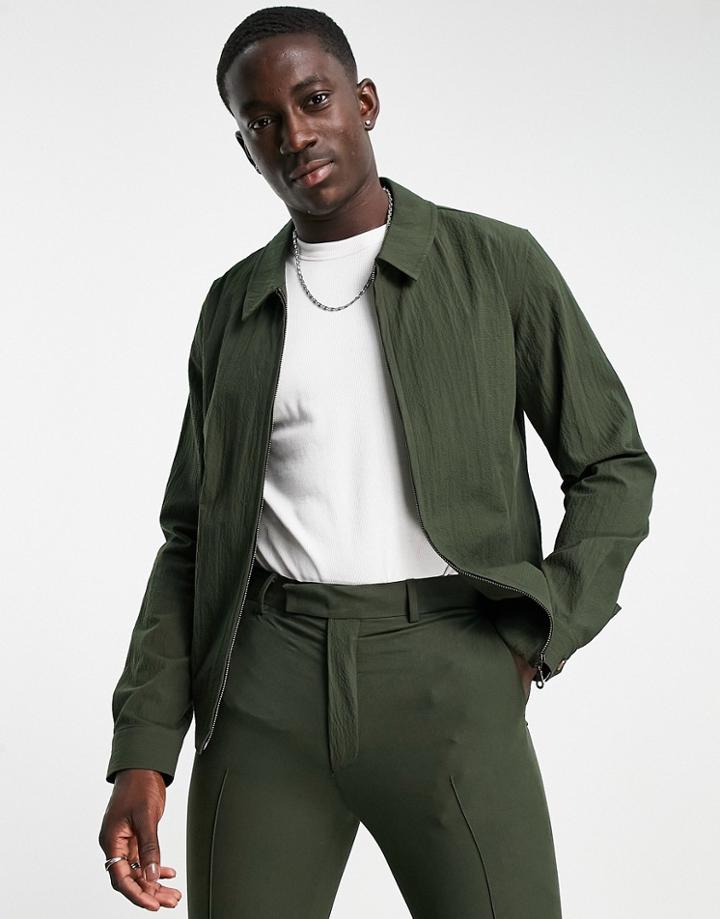 Asos Design Set Smart Harrington Jacket In Green Seersucker