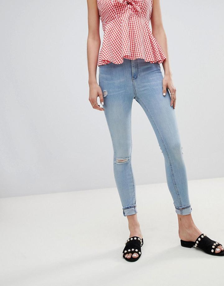 River Island Harper Raw Edge Ripped Knees Skinny Jeans-blue
