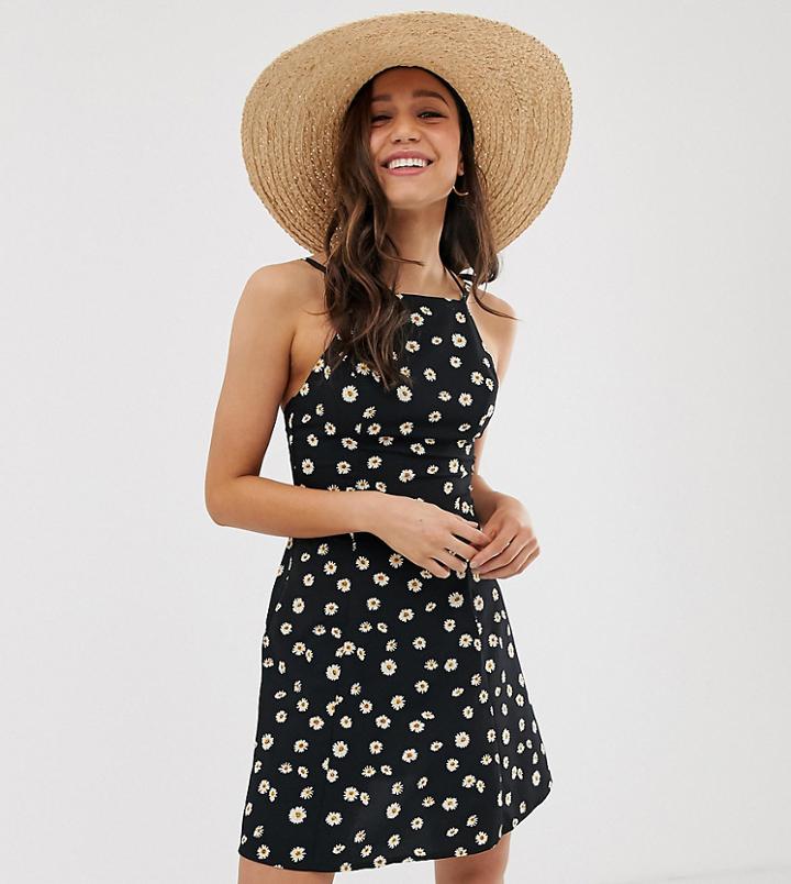 Asos Design Tall High Neck Low Back Mini Sundress In Daisy Print - Multi