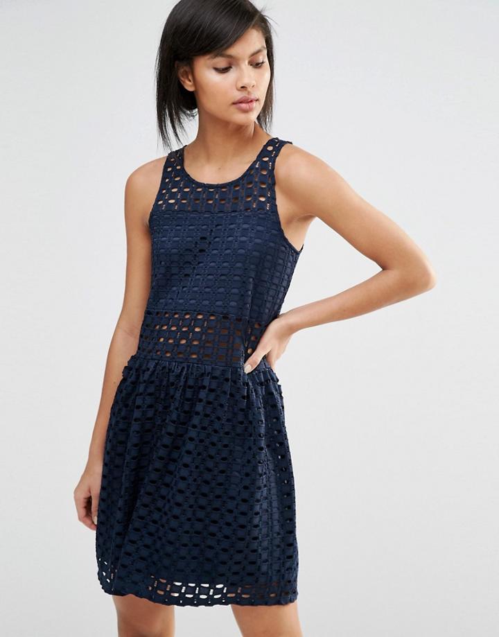 Vero Moda Broderie Drop Waist Dress - Navy