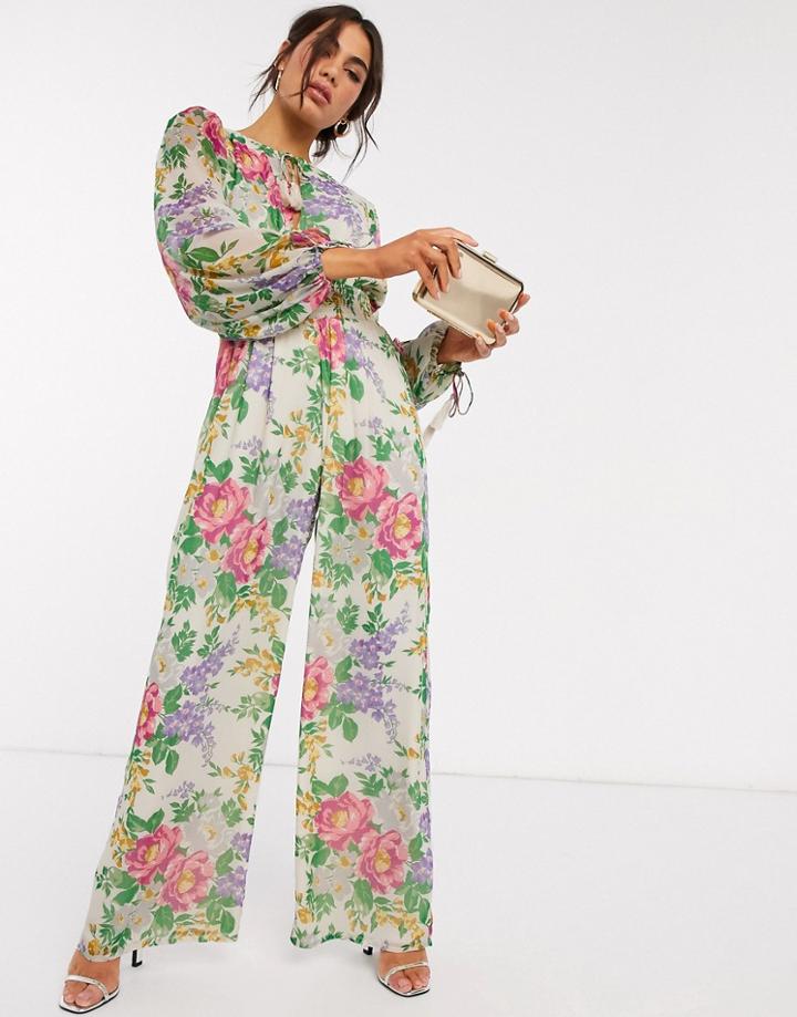 Asos Design Shirred Waist Wide Leg Jumpsuit In Vintage Floral Print-multi
