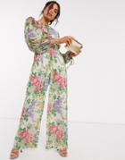 Asos Design Shirred Waist Wide Leg Jumpsuit In Vintage Floral Print-multi