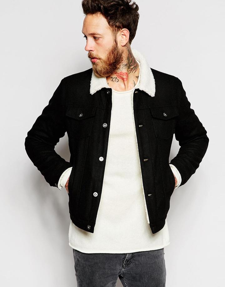 Asos Wool Bomber Jacket With Faux Shearling Collar - Black