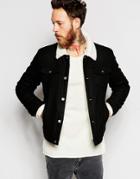 Asos Wool Bomber Jacket With Faux Shearling Collar - Black