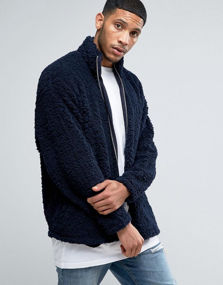 Asos Borg Oversized Track Jacket In Navy - Navy