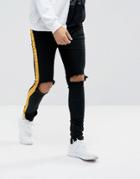 Sixth June Super Skinny Jeans In Black With Yellow Stripe And Distressing - Black