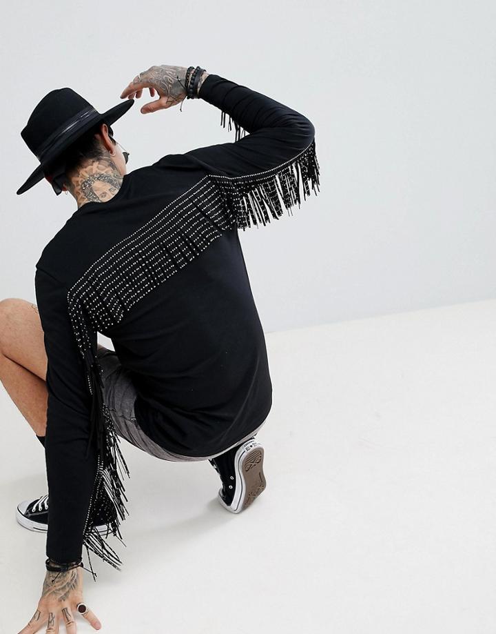 Asos Design Festival Longline Long Sleeve T-shirt With Studded Back Fringing - Black