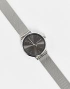 Asos Design Mesh Watch In With Black Face In Silver Tone