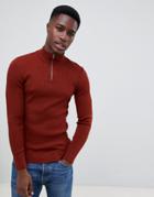 Asos Design Muscle Fit Ribbed Half Zip Sweater In Auburn - Orange