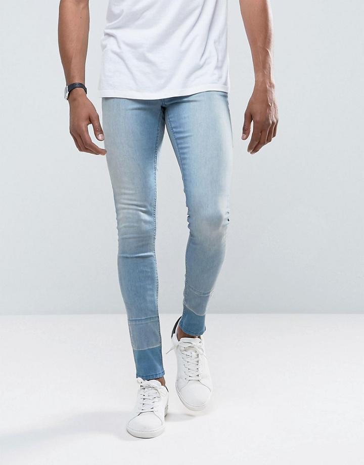 Asos Extreme Super Skinny Jeans In Light Wash With Hem Detail - Blue