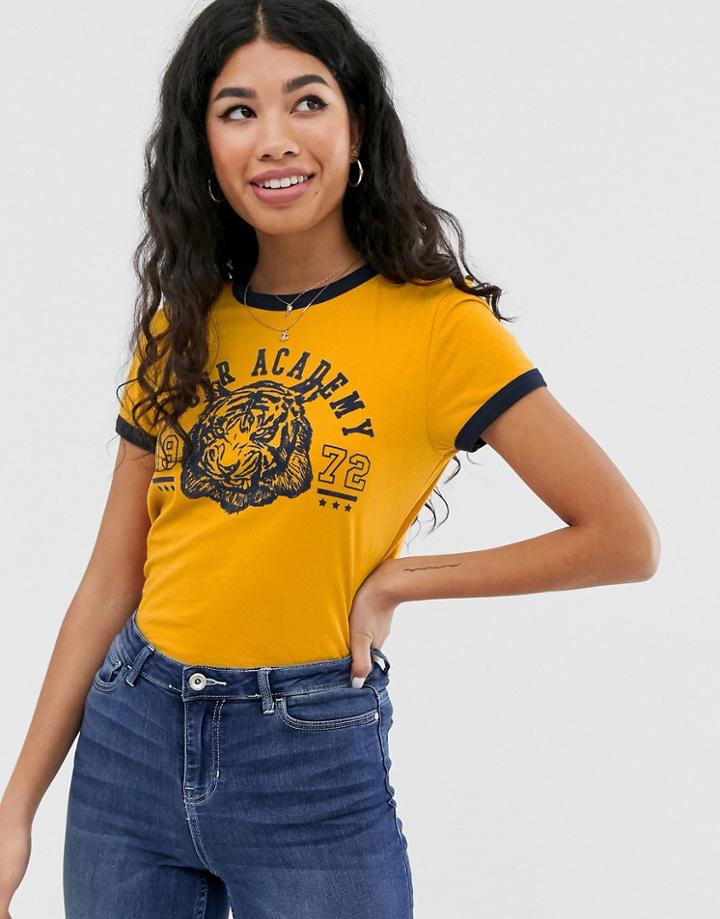 Brave Soul Katla Ringer Tee With Flock Print - Yellow