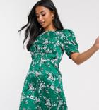 Asos Design Petite Mini Tea Dress In Green Floral Print-multi