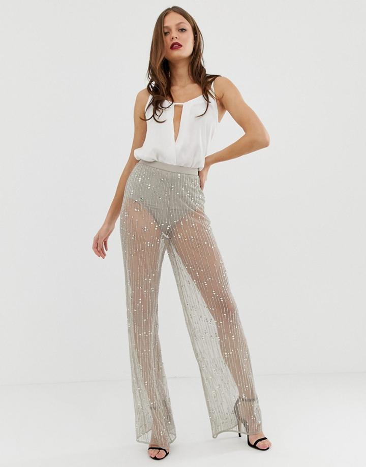 Asos Design Wide Leg Pants In Mesh With Embellishment - Gray