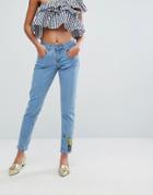 Lost Ink Slim Boyfriend Jeans With Patches - Blue