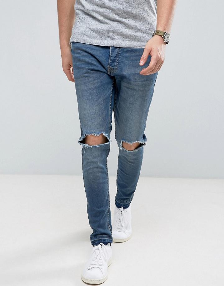 Brave Soul Skinny Fit Raw Hem Distressed Jeans - Blue
