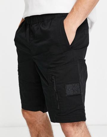 Calvin Klein Jeans Washed Cargo Shorts With Zip Detail In Black