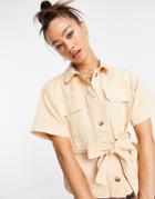 Topshop Short Sleeved Jacket With Belt In Peach-orange