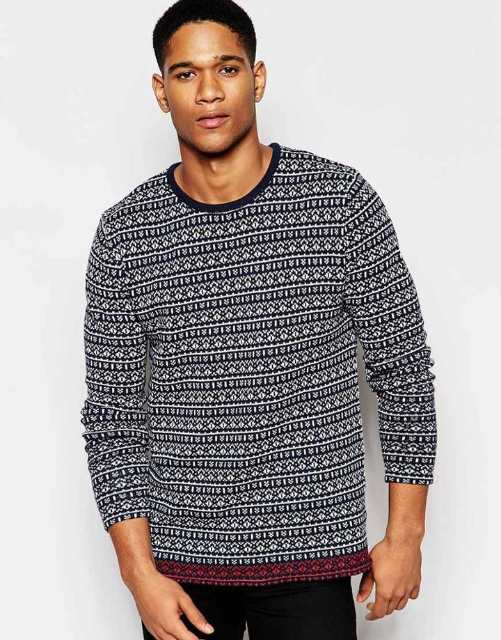 Solid Sweater With All Over Mini Fair Isle - Navy