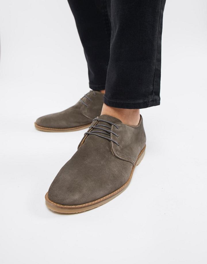Asos Design Lace Up Shoes In Grey Suede With Natural Sole - Gray